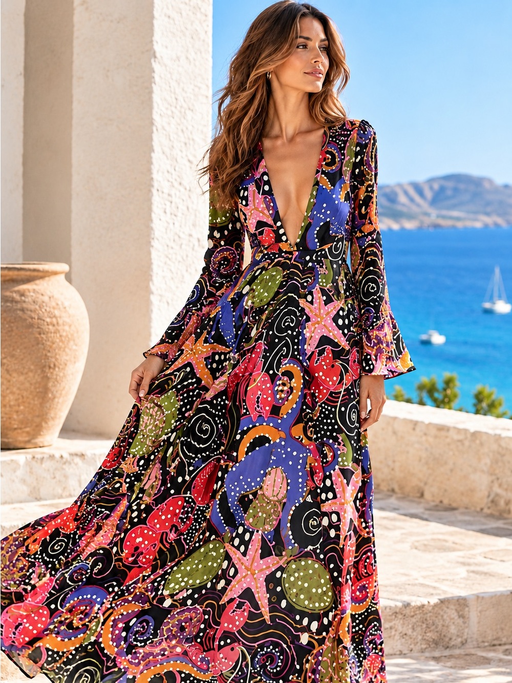 FARM Rio Under the Sea Maxi Dress Plunging V Neck XS